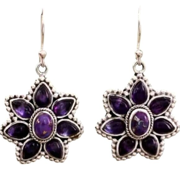 Violet Silver Tone Dangle Earrings Southwest Style Flower - Picture 1 of 1